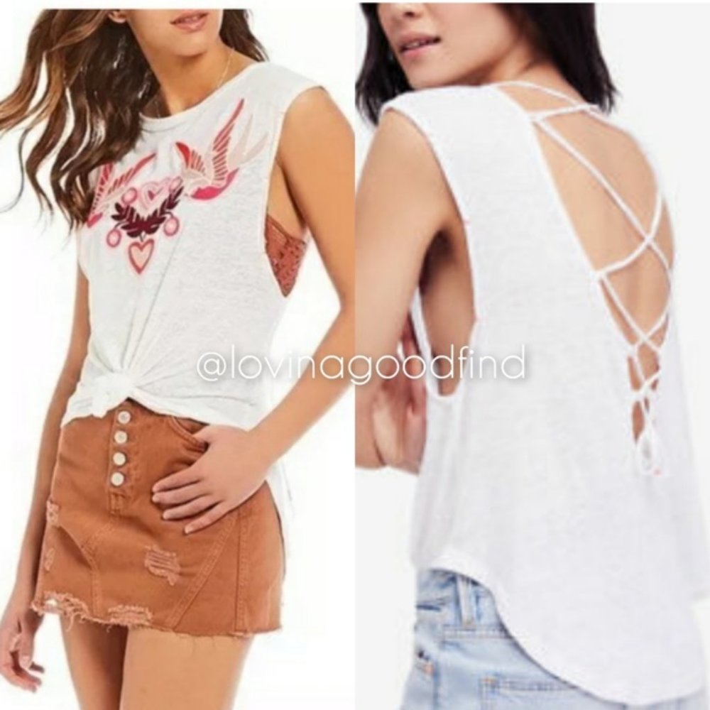 FREE PEOPLE Love Birds White Lace Up Back Top EUC sz S